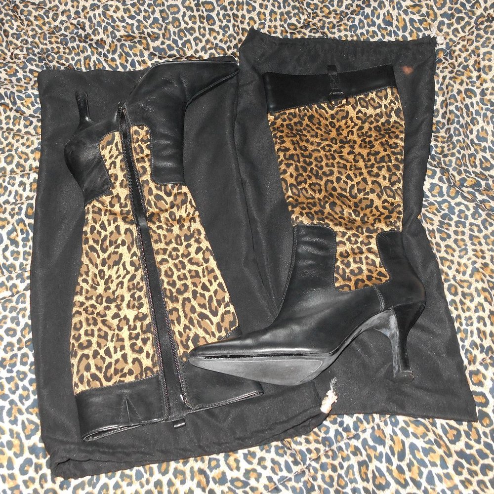 Moda International Black Leather & Leopard Knee Boots Size 7.5
